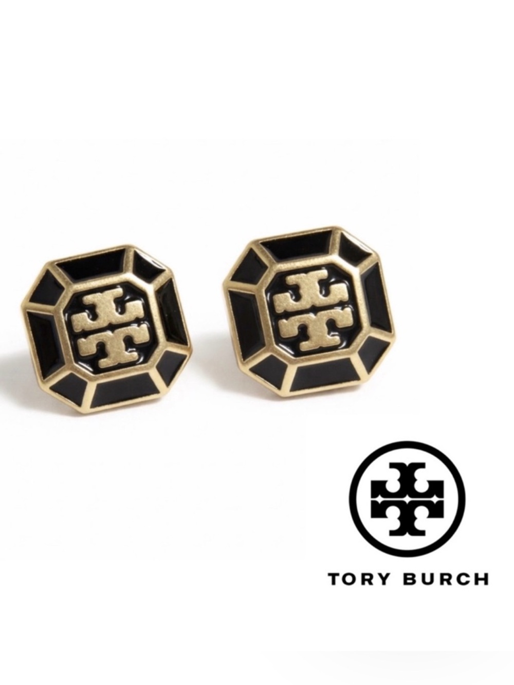Tory Burch Audrina Black Enamel Double T Logo Gold Tone Stud Earrings NWOT